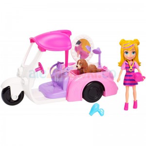 Polly Pocket - Zestaw Mobilny salonik dla zwierzaków z lalką i pieskiem GDM10, 4+, Mattel